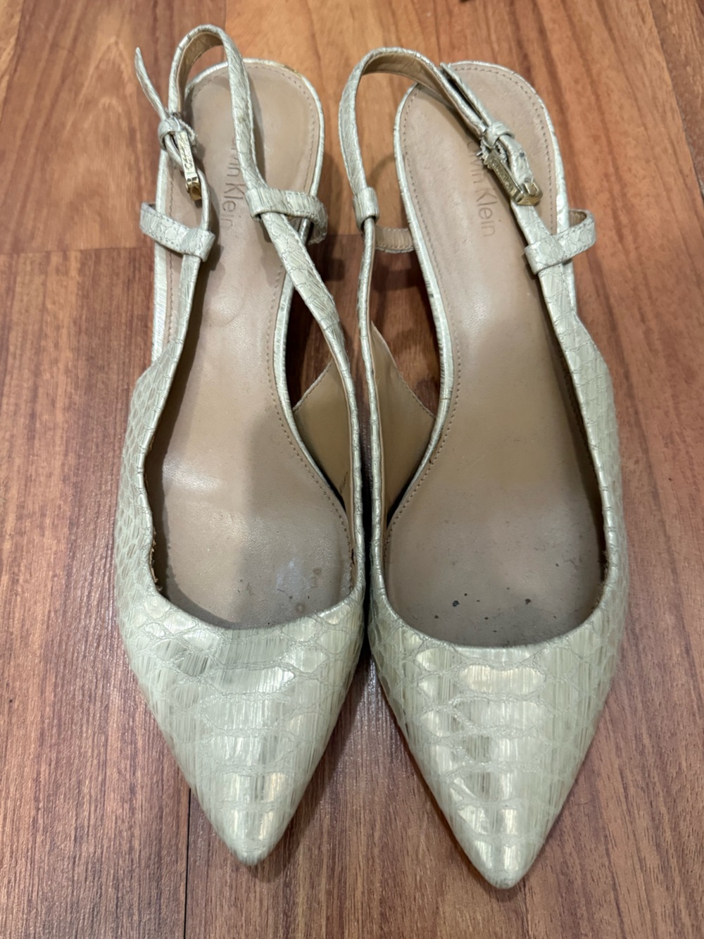 Calvin Klein Women's Pointed Slingback kitten heels Light Beige Faux Reptile 8.5